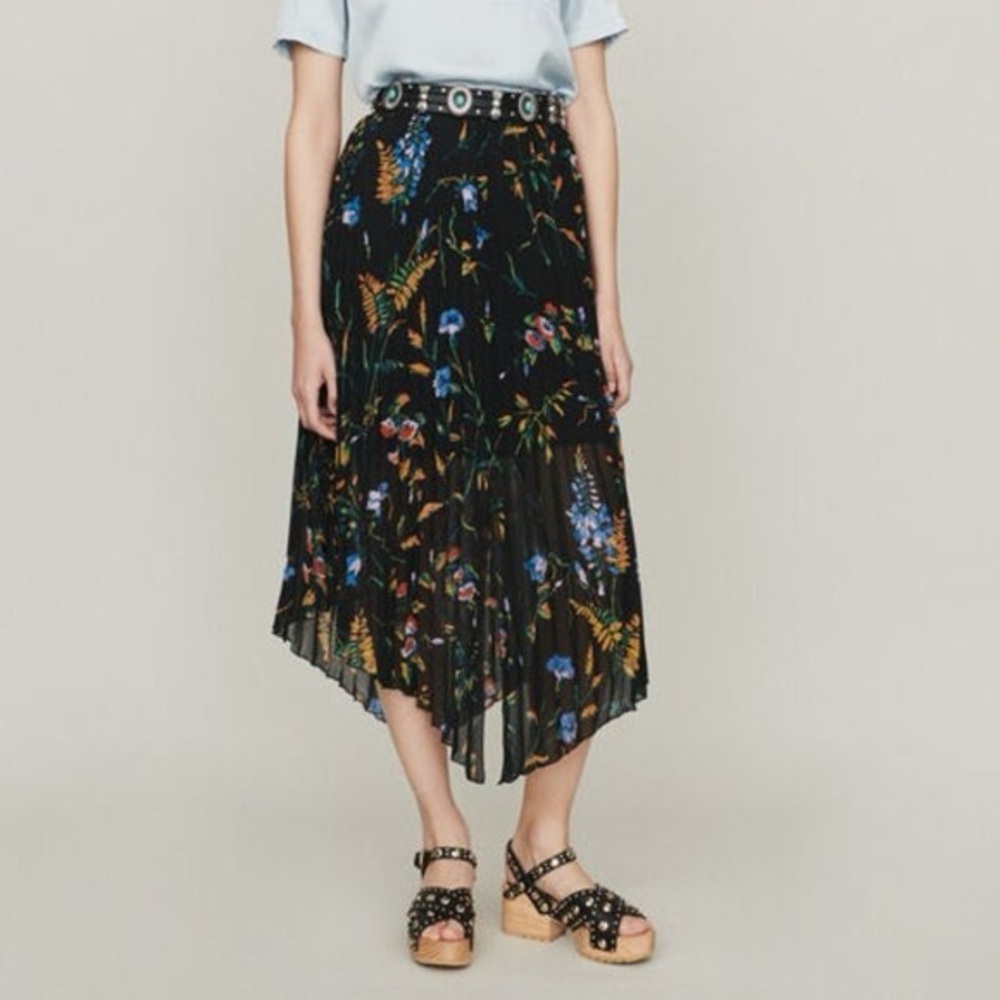 Maje black floral assymetrical pleated midi skirt - Small (1)